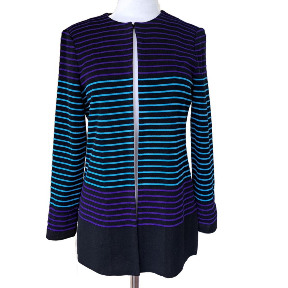 MING WANG Small Striped Acrylic Luxe Knit Jacket Black Purple Turquoise Cardigan